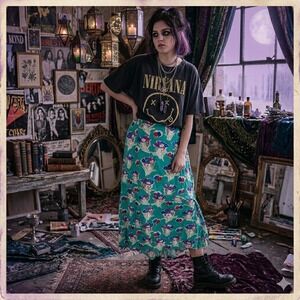 K & Company Vintage Teal Rayon Novelty Print Women Floral Hat Midi Skirt M‎